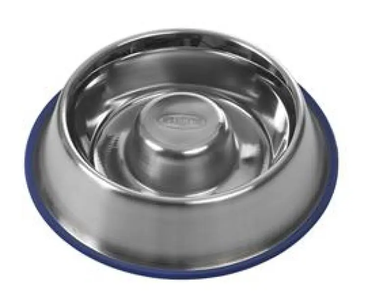 Buster Stainless Steel slow feeder blue base Largeوعاء من الفولاذ المقاوم للصدأ بقاعدة زرقاء